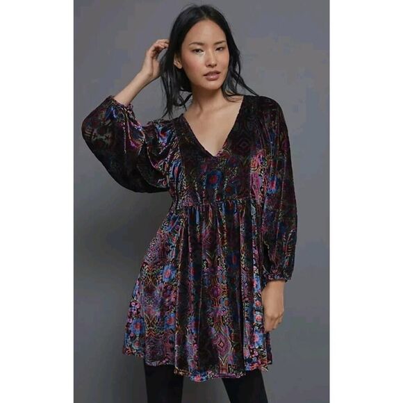 Anthropologie Mona Burnout Velvet Mini Dress Boho Paisley Bohemian Womens Sz XS - Picture 1 of 16